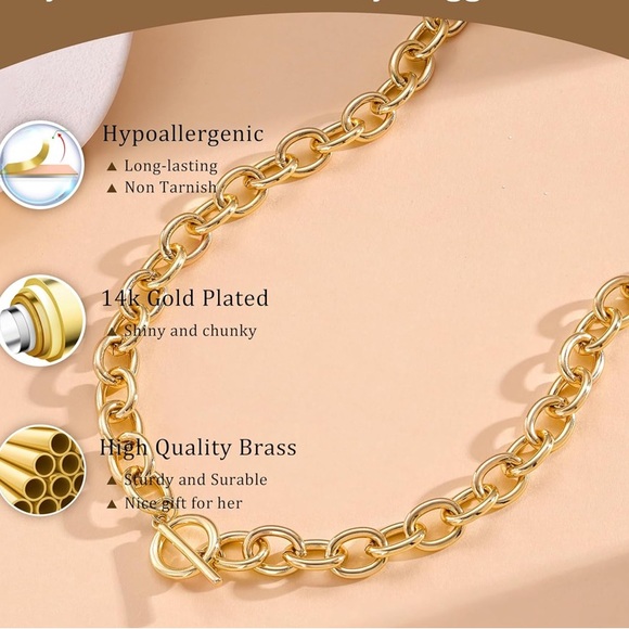 14k Gold Finish Chain Necklace with Toggle - Picture 2 of 2